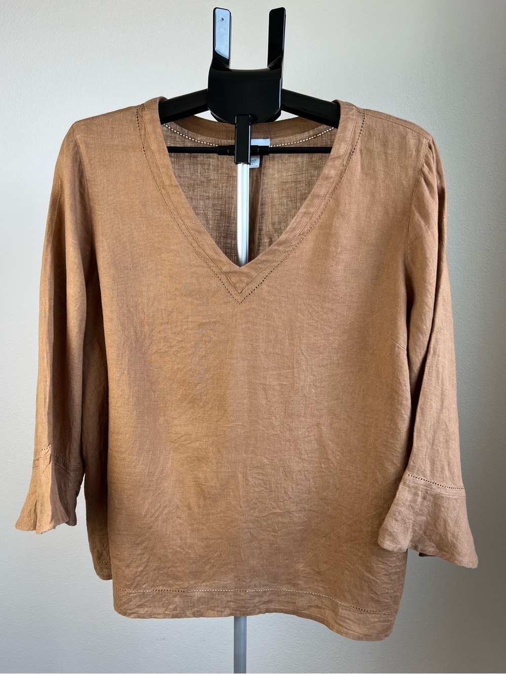 J.Jill Love Linen Top L Brown 100% Linen V Neck Bell Sleeve Boho Minimal Resort